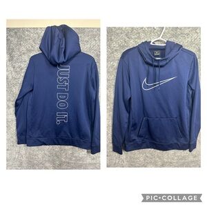 Nike Womens Hoodie Medium Blue Sweatshirt Big Swoosh Just Do It Dri Fit Pockets